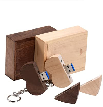 Anloter USB-Stick in Herzform, 32 GB, Walnussholz, USB 3.0, mit Box, 2 Stück