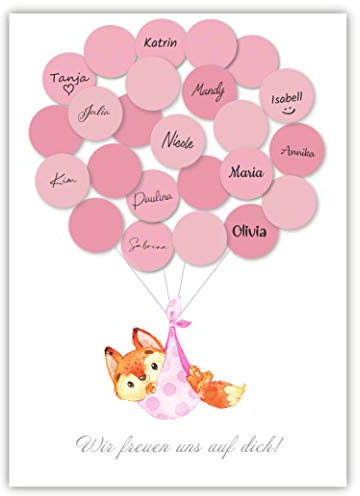 Pandawal Babyparty Deko Mädchen Fuchs Gästebuch Alternative (Rosa) Gastgeschenk Baby Shower Set Taufe Pullerparty Erinnerungsstück/Andenken beschreibbar/Fingerabdruck