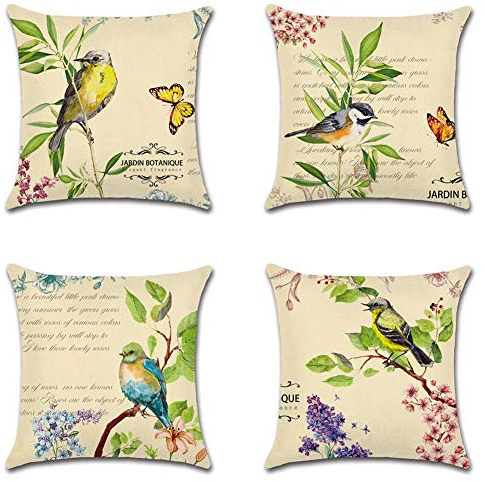 Artscope wasserdichte Kissenbezugen, 4 Stück Grüne Blumen und Vögel Kissenhülle Atmungsaktiv Kissen Fall für Outdoor Balkon Terrasse Patio Garten Bauernhaus Dekor 45 x 45cm