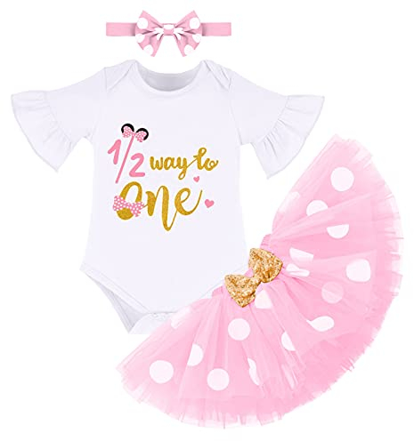 Baby-Outfit für Mädchen, 1/2 Weg zum halben Geburtstag, Glocke, kurzärmelig, Baumwolle, Strampler + Minnie, gepunktet, Tüllrock und Schleife, Stirnband, 3-teiliges Set,