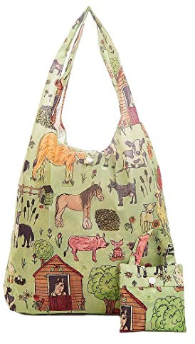 ECO CHIC Lightweight Foldable Reusable Shopping Bag | Water Resistant Shopping Tote Bag | Folds Into Attached Pouch for Storage | Made from Recycled Plastic Bottles (Farmland Green)