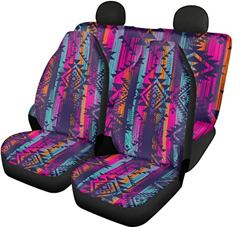 Dolyues Lila Ethnischer Azteken Boho-Print Autositzbezüge, Komplettset mit 4 Teilen für Damen, Geschenke, Vordersitzbezug und geteilter Bankschützer