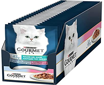 GOURMET Perle Piaceri del Mare Cibo Umido per Gatti Adulti Filettini con Pesce dell'Oceano e Gamberetti 26 Buste da 85g