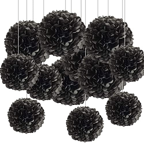 CC wonderland zone 12 Stück Schwarzer Seidenpapier Pompons,Papier Pom Poms Seidenpompons für Party Deko
