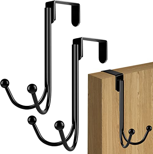 TOKPLNU Over Door Hanger Hook 2 Pack Black Over Door Coat Towel Tack Stainless Steel Vintage Door Hooks Hanging Storage Rack for Hat Bag Jacket Cabinet