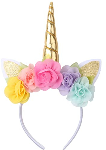 Wozloify Einhorn Haarreif mit Horn, Ohren und Blumen - Geburtstag Damen Haarschmuck für Ostern, Party, Karneval - Head Accessoires Dekoration (Gold)