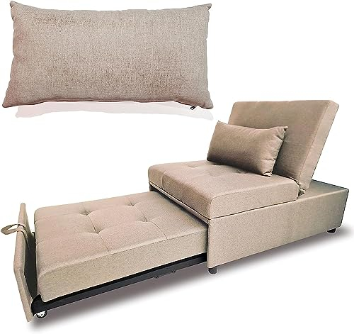 MAKA Poltrona Letto Singolo con Materasso, Divano Pouff Letto Singolo Reclinabile Salvaspazio con Cuscino Sfoderabile, Divano 1 Posto in Tessuto con Chaise Longue Regolabile 191x79x90 cm (Cachi)