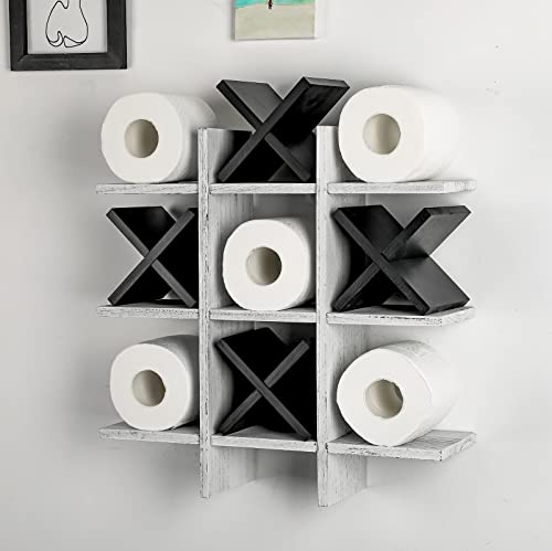 Weysat Tic Tac Toe Toilettenpapierhalter, Ständer, Toilettenpapier-Aufbewahrung, Badezimmer-Dekor, rustikale Holzaufbewahrung, freistehend, wandmontierte Regale, Dekoration für Toilettenpapier,