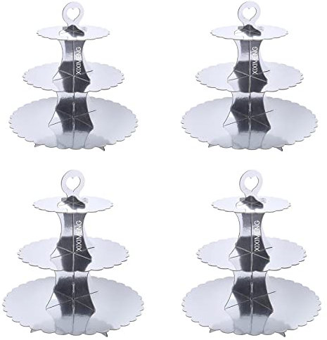 XIXIMENG 4 PACK Cardboard Cupcake Stand 3- Tier lace edge Dessert Stand, Cardboard Cupcake Stand (Silver)