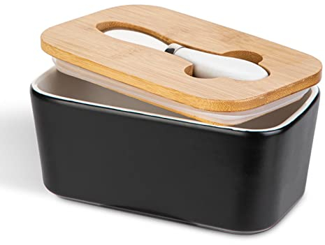 Beurrier en céramique avec couvercle en bois et couteau à beurre multifonction en acier inoxydable, récipient à beurre avec joint en silicone de haute qualité, noix, fromage (noir)