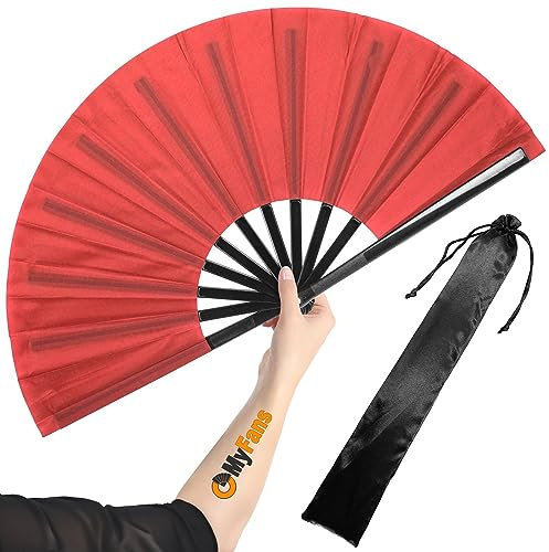 OMyFans Abanico de mano plegable grande – Abanico plegable chino Tai Chi Kung Fu – Ideal para festivales, EDM, baile, sofocos, iglesia y regalos (rojo)