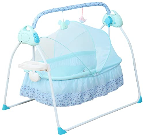 RibasuBB Elektrische Babywippe mit 5 Schaukelposition Fernbedienung, Baby Schaukeln mit Timing- & Bluetoothfunktion, Babyschaukel mit Musik, Spielzeug, abnehmbares Moskitonetz & Verdeck