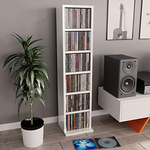 Homgoday Großes CD-Regal aus Holzwerkstoff - Hochglanz-Weiß - 6 offene Fächer - Wandmontage erforderlich Model800357
