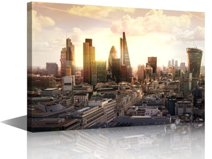 TISHIRON 1 Stück London Skyline Wandkunst London City Downtown Bilder für Schlafzimmer Leinwand Druck Poster Gemälde London Sonnenuntergang Wanddekoration für Wohnzimmer gerahmt fertig zum Aufhängen