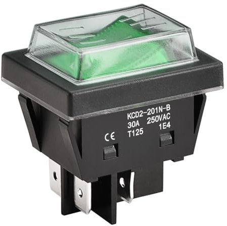 Heschen Interruptor basculante de alta corriente, 30 A 250 VAC, ON-OFF de 2 posiciones, DPST, 4 terminales, T125, con tapa impermeable (1, Verde)