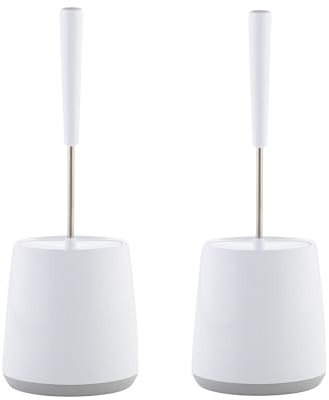 Minky Toilet Brush & Holder x2, Silicon Brush Head & Stainless Steel Handle, Sturdy Oval Shaped Base, Deep Cleaning Toilet Brush Set With Non Slip Handle, White & Light Grey, Made in the UK