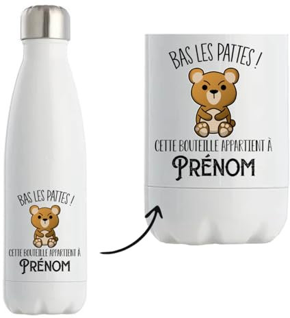 Bouteille Gourde Isotherme Prénom personnalisable bas les pattes | idée cadeau personnalisé drôle et original (Ours)