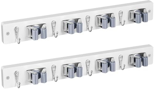 OUTNILI Wandhalterung für Wischmopp, Besen, Mopp, Holz, Wandmontage, für Schrank, Garage, Waschküche, 4 Schlitze und 4 Haken, 2 Stück