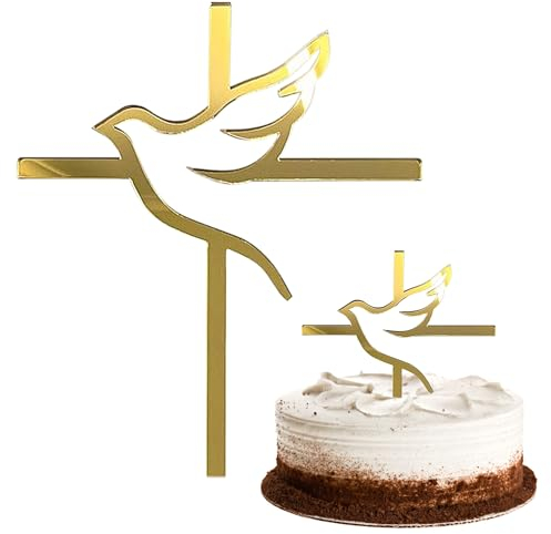 TYGFRT 2 Pieces Cake Decoration Inserts, Cross & Dove Cake Decoration, Christening & Wedding Cake Topper, Gold
