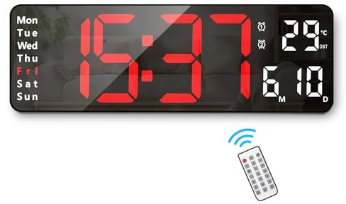 Lafocuse Digitale Wanduhr LED Groß Display 13, Digitaluhr mit Fernbedienung, Temperaturanzeige, Datum, Wecker, Helligkeit Regelbar, 12/24HR, Einfach zu Lesen für Wohnzimmer Küchen Büro, Rot