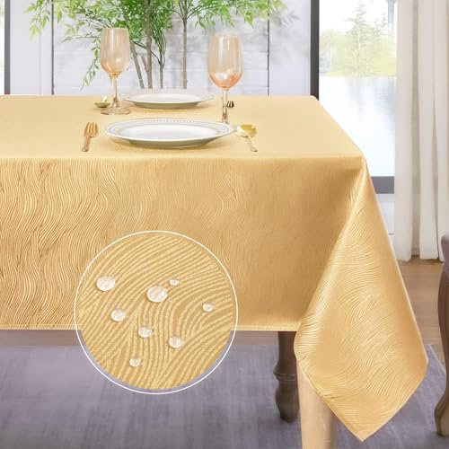 Softalker Weihnachts Tischdecke gold 100x140 Jacquard-Wellenmuster Abwaschbar Wasserabweisend Abwischbar Fleckschutz rechteckig Tischtuch für Outdoor Draußen Garten Party Geburtstag Hochzeit Silvester