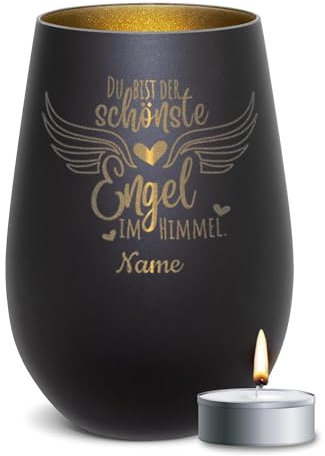 PR Print Royal Trauer Windlicht mit Gravur - Der schönste Engel im Himmel - mit Name gravieren - Trauergeschenk, Gedenklicht, Geschenke für Trauernde | inkl. Teelicht, 450 ml, Schwarz/Gold