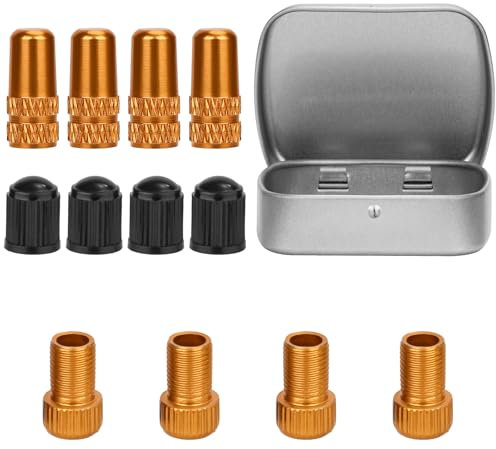12 Adaptadores Válvula Bicicleta, Adaptadores Válvula Bomba Bicicleta Aleación de Aluminio y Plástico con Caja Almacenamiento Adaptadores Bomba Aire Neumáticos Bicicleta (Oro)