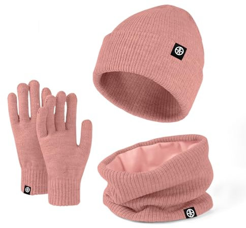 Enwokran Berretto Beanie Set di Guanti Sciarpa Cappello, 3 Pezzi Invernale Termico Berretto Caldo Scaldacollo Touch Screen Guanti per Uomo Donna Attività All'aperto (Rosa)
