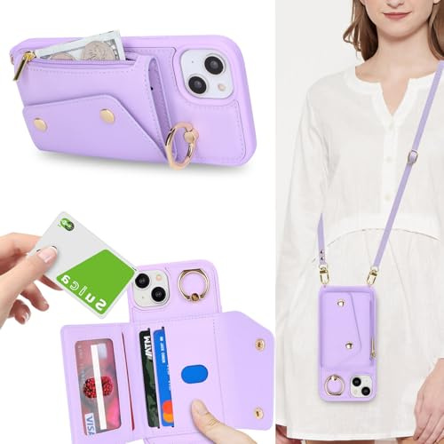 Zouzt for iPhone 15 Plus Case with Card Holder and Strap, Card Slots Zipper Wallet Phone Case PU Leather Crossbody Lanyard Drop Protection Cover for iPhone 15 Plus 6.7 inch - Purple