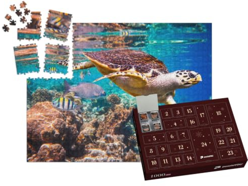 puzzleYOU: Puzzle-Adventskalender | „Echte Karettschildkröte im Korallenriff“ – aus der Puzzle-Kollektion Tiere, Sommer, Unterwasser