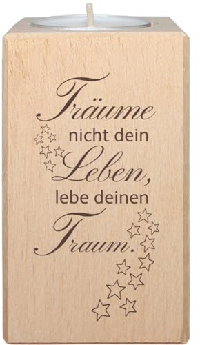 Träume Nicht Dein Leben, sondern lebe deinen Traum - Teelichthalter aus Buchenholz, rustikaler Kerzenständer mit Spruch, Deko Motivation Geschenk - Geschenkidee von Geschenkissimo