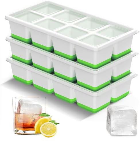 VEHHE Ice Cube Tray with Lid, 3pcs Large Ice Cube Moulds-Green, Flexible Silicone Ice Cube Tray Easy Release, Easy Stack Reusable Ice Trays for Freezer, for Whisky, Cocktails, Drinks