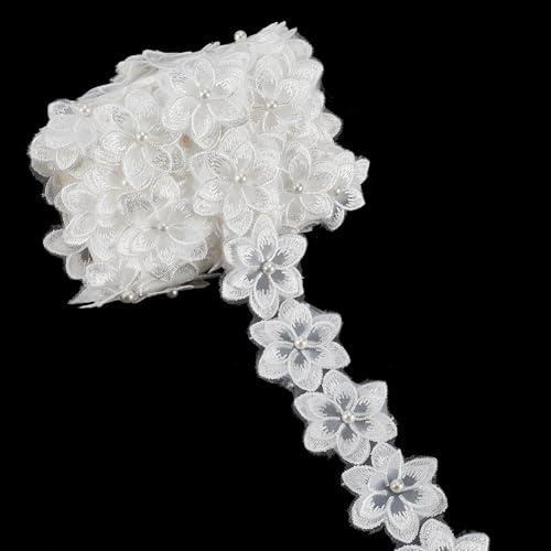 MAYJOYDIY 3.5m Weiß Spitzenbesatzband Mit 3D Blumen 45mm Perlen Besticktes Organza Spitzenband Stoffbesatz Für Kleider Partys Kleidung Dekoration DIY Nähen Basteln