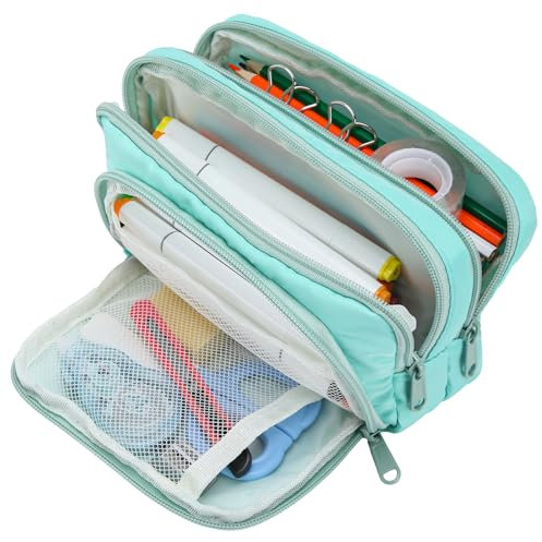 Euqvunn Estuche portalápices Grande con 3 Compartimentos, Estuche Escolar Organizador de papelería Oficina, niños, niñas y Adultos Son Todos adecuados -Cian
