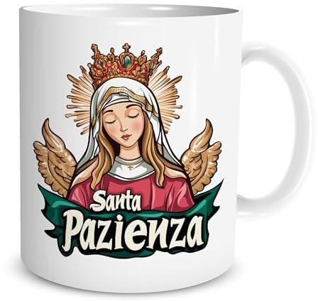 Lol t-shirt Tazza Colazione Simpatica in Ceramica – Stampa “Santa Pazienza” – Idea Regalo Divertente per Amica, Mamma, Collega – Tazza Colazione o Tisana 350ml