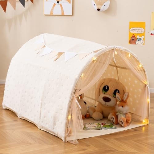 GYMAX Kids Bed Tent, Canopy Play Tent with Glow in the Dark Stars, Net Curtains, String Lights & Flags, Indoor Children Playhouse for 3+ Years Old, 137x101x82cm