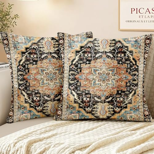 XPHZZL Pack of 2 Bohemian Style Linen Decorative Cushion Covers 65x65 cm Square Throw Pillow Covers 26x26 Inch Boho Style Pillowcases for Outdoor Home Decor Sofa Bedroom Car - Black Yellow