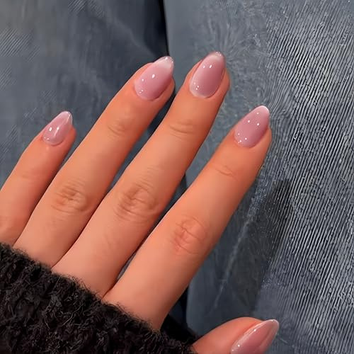 SXVME Soft Gel Press on Nails Short Oval, 30 Pcs Pastel Pink Cat Eye False Nails Short Almond, Glitter Glass Dusty Pink Fake Nails Set, Reusable Shiny Bling Stick on Nail for Women Summer Decoration