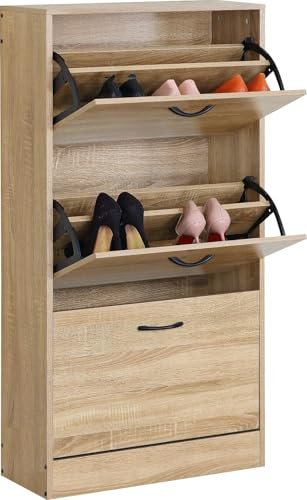 Shoe Cabinet with 3 Drawers, Pull Down MDF Engineer Wood Wooden Shoe Storage Organizer Cupboard Shoes Rack Cabinet Freestanding Footwear Rack Stand Hallway, Entryway, Living Room 60x24x116cm