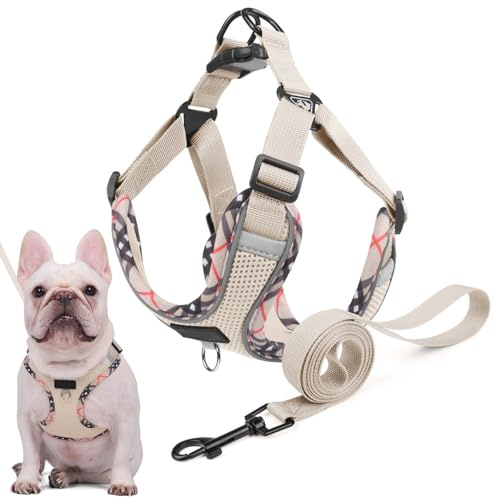 Hundegeschirr für Kleine Mittelgroße Hunde, Anti Zug Reflektierend Welpengeschirr mit Leine, Verstellbar Air Mesh Atmungsaktiv Brustgeschirr für Hunde Gassigehen, Training und Reisen (Beige, S)