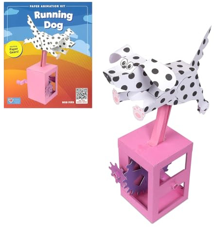 Go On Make Me Running Dog Paper Animation Kit – Rob Ives DIY Gear-Powered Spotted Dog Model – STEM Craft Toy – Mechanical Papercraft Model for Kids & Adults – Unique Screen