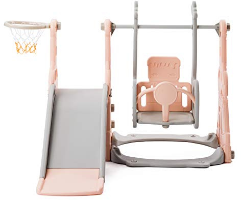 Holtrae 4-in-1 Kinderrutsche, Freistehende Kleinkindrutsche mit Basketballkorb Kletterleiter und Swing, Babyrutsche mit Stauraum, Kinderrutsche für draußen, für Jungen und Mädchen kindrutsche, Rosa
