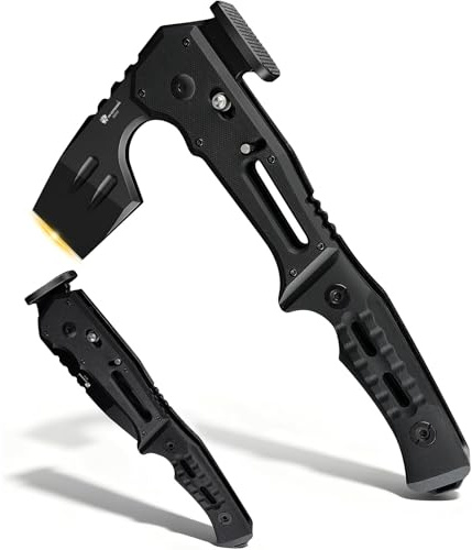 HX OUTDOORS Klapphatchet Axt beil mit Verriegelung für Camping, kleine Spalt Axt für Camp, Survival, Bushcraft und Taktik, multifunktionale Holzhack mit Hammer und Flaschenöffner (schwarz)