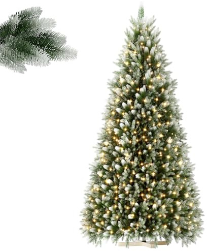 LILIIN Sapin de Noël artificiel de qualité supérieure de 225 cm avec revêtement de neige artificielle sur les pointes, vert PVC + polyéthylène, avec système de pliage, support en bois, lumières