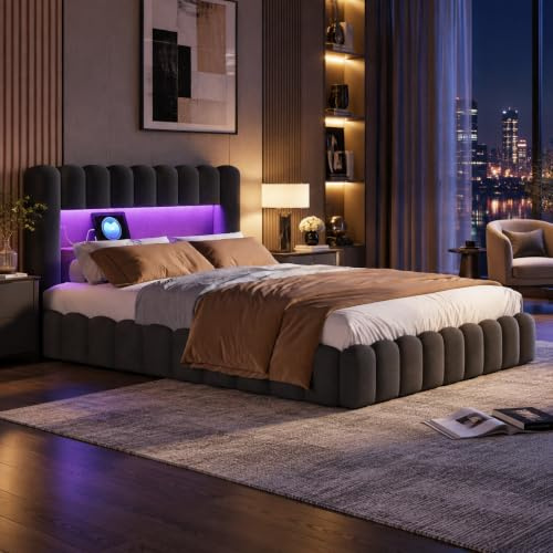Poeahu Doppelbett, gepolstert, 140 x 200 cm, mit LED und USB, Bubble Bett mit Lattenrost und hydraulischem Stauraum, Doppelbett für Erwachsene, Jugendliche, ohne Matratze