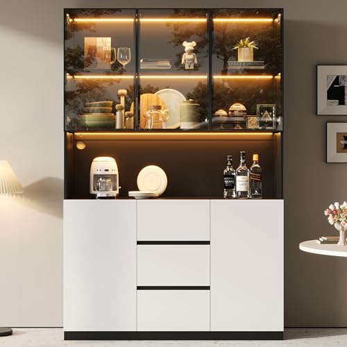 Dolamaní Vitrinenschrank Hochschrank 120×40×200 cm, Küchenschrank, Buffetschrank mit LED-Beleuchtete, Offenen Regalen, 3 Schubladen und 2 Türen, Glasvitrine, für Wohnzimmer, Esszimmer (Weiß+Schwarz)