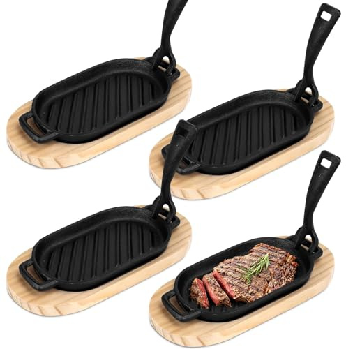 4 Pcs Cast Iron Skillet Set with Wooden Base, 22cm Fajita Grill Pan Set | Sizzling Steak Frying Pan with Removable Handle for BBQs Home Restaurant Kitchen Cooking