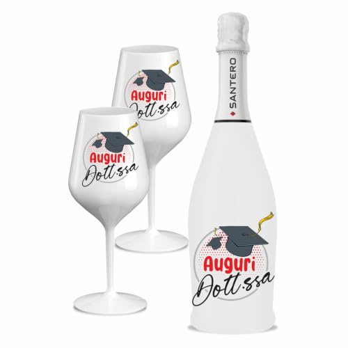 BRANDGIFT.IT Bottiglia Personalizzata Laurea Santero 958 Kit Regalo Bottiglia Spumante 750ml 2 Calici Personalizzati e Box in Cartone Idea Regalo Laurea (DOTTORESSA, 750 ML)