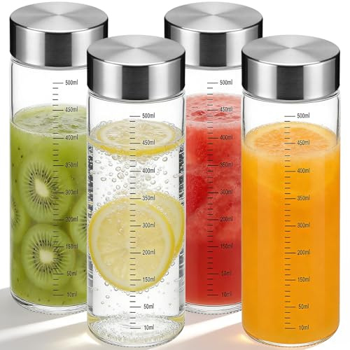 PENRUNKA 4Pcs Botella de Agua Cristal 500ml con Líneas Graduación & Tapa de Acero Inoxidable, Botellas Vidrio Reutilizable Sin BPA para Limonada Helada, Batidos, Leche, Té, Café Goteo y Bebidas