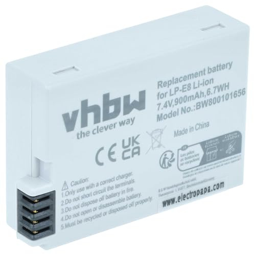 vhbw Akku kompatibel mit Canon EOS 600D | Kiss X6i, 650D, Rebel T2i, 700D, Kiss X5, 550D, Kiss X4, Kiss X7i Kamera (900 mAh, 7,2 V, Li-Ion)